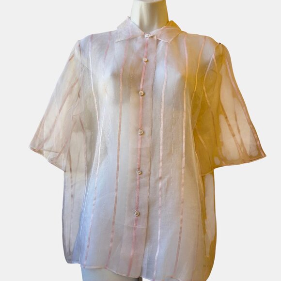 Perry Ellis SHEER SILK Blouse Pink Stripes Button Front Top Vtg 80's Womens 12 - Picture 10 of 11